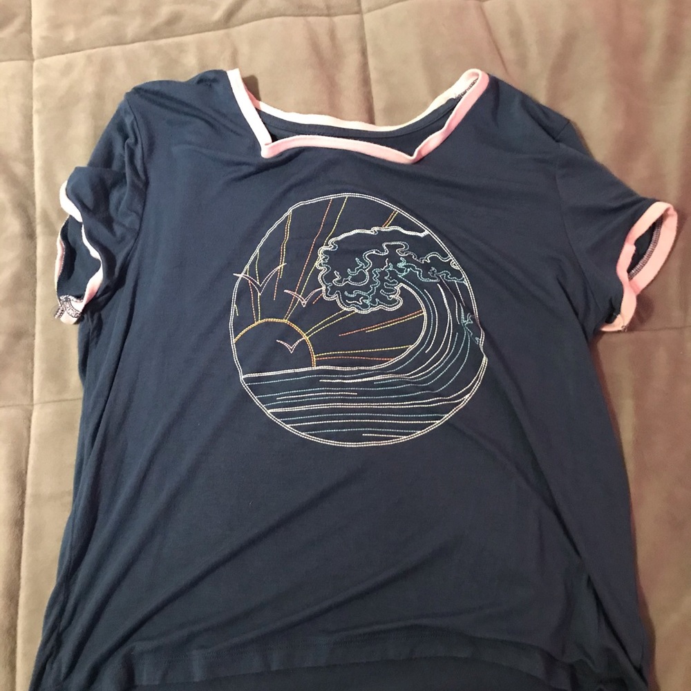 Navy blue embroidered short sleeve shirt